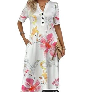 Noracora Caftan Floral V-Neck Beachy Emery Rose Henley Coastal Dress Size Medium